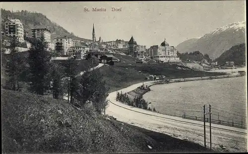 Ak St. Moritz Kt. Graubünden Schweiz, Dorf, Uferpartie mit Straße