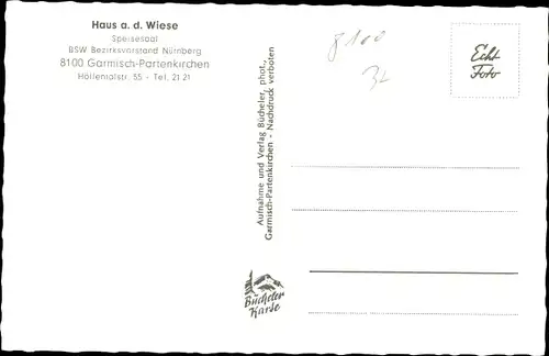 Ak Garmisch Partenkirchen in Oberbayern, Haus an der Wiese, Speisesaal, Höllentalstraße 55