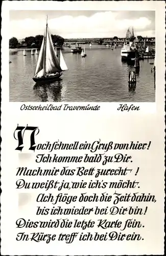 Ak Travemünde Lübeck Schleswig Holstein, Segelboote im Hafen