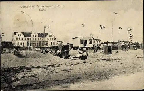 Ak Kellenhusen in Ostholstein, Strandpartie, Rasiersalon, Sandwälle, Fahnen