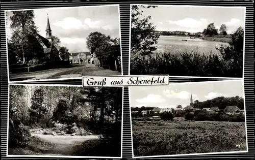 Ak Schenefeld in Schleswig Holstein, Straßenpartie, Kirche, Wasserpartie