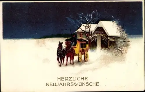 Ak Glückwunsch Neujahr, Winterlandschaft, Kutsche, Haus