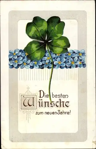 Präge Litho Glückwunsch Neujahr, Kleeblatt, Vergissmeinnichtblüten