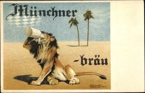 Künstler Ak Olshausen Schönberger, K., Münchner Löwenbräu, Löwe trinkt Bier
