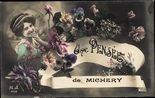 Ak Michery Yonne, Une Pensée, Frauenportrait, Blumen