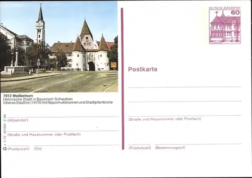 Ganzsachen Ak Weißenhorn in Schwaben, Oberes Stadttor, Nepomukbrunnen, Stadtpfarrkirche