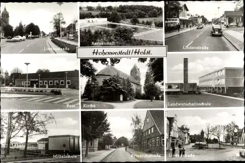 Ak Hohenwestedt in Schleswig Holstein, Strassenansichten, Kirche, Post, Schulen, Freibad