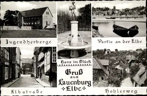 Ak Lauenburg an der Elbe, Elbpartie, Jugendherberge, Brunnen, Strassenansicht