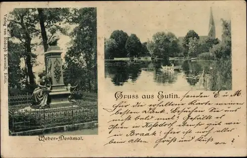 Ak Eutin in Ostholstein, Weberdenkmal, Uferpartie mit Kirche