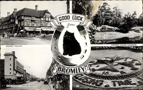 Ak Borough of Bromley London England, Market Square, Church House Gardens, floral clock, Katze