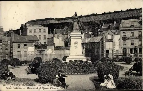 Ak St. Helier Jersey Kanalinseln, Monument of Queen Victoria, Denkmal, Great Western Hotel