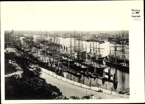 Ak Hamburg, Niederhafen 1883, Segelschiffe, Panorama