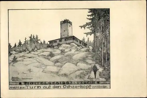 Künstler Ak Bischofsgrün im Fichtelgebirge, Turm auf dem Ochsenkopf von Norden gesehen