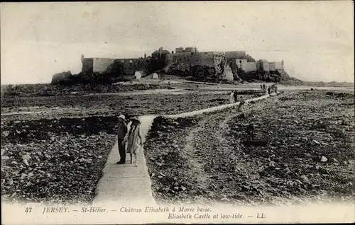 Ak Saint Helier Jersey Kanalinseln, Chateau Elisabeth a marée basse