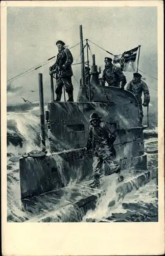 Künstler Ak Stöwer, Willy, Deutsches U Boot, auf dem Kommandoturm, U Boot Tag 1917