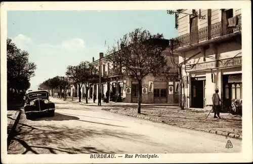 Ak Burdeau Algerien, Rue Principale, voiture, magasins