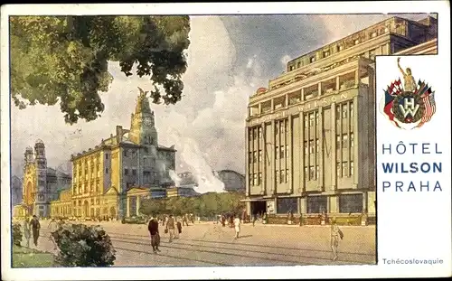 Künstler Ak Praha Prag, Hotel Wilson, Straßenansicht, Wappen