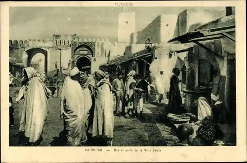 Ak Kairouan Tunesien, Rue et porte de la Ville Sainte, marchands