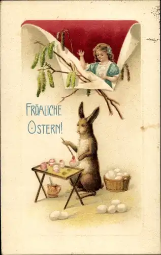 Ak Glückwunsch Ostern, Osterhase bemalt Eier, Mädchen
