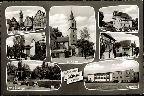 Ak Sulzbach an der Murr, Backnanger Straße, Schloss Lautereck, Festhalle, Kirche, Waldfreibad