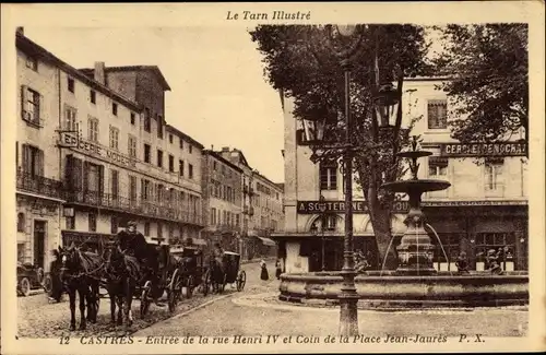 Ak Castres Tarn, Entree de la rue Henri IV et Coin de la Place Jean Jaurés, Epicerie, Fontaine