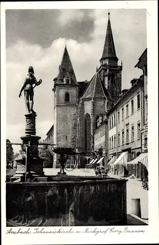 Ak Ansbach in Mittelfranken Bayern, Johanniskirche, Markgraf Georg Brunnen