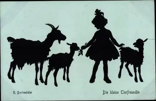 Scherenschnitt Ak Borrmeister, R., Die kleine Tierfreundin, Ziegen