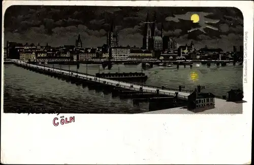 Mondschein Litho Köln am Rhein, Blick über den Rhein zur Stadt, Kölner Dom