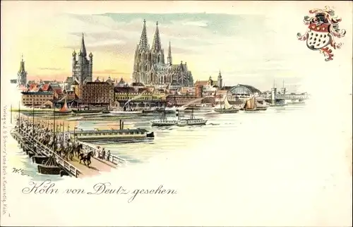 Künstler Litho Köln am Rhein, Stadtzentrum von Deutz gesehen, Schiffsbrücke, Dom, Wappen