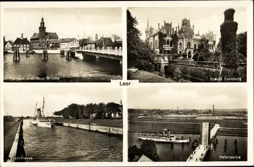 Ak Leer in Niedersachsen, Rathaus, Neue Brücke, Schloss Evenburg, Seeschleuse, Klappbrücke 