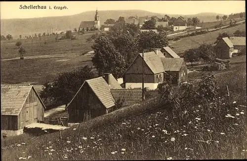 Ak Schellerhau Altenberg im Erzgebirge, Teilansicht vom Ort, Kirche