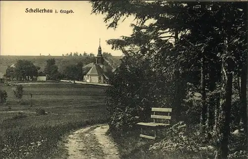 Ak Schellerhau Altenberg im Erzgebirge, Blick auf Ortschaft und Umgebung, Spazierweg