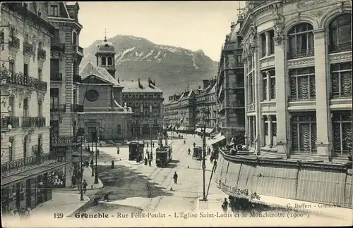 Ak Grenoble Isère, Rue Félix Poulat, L'Église Saint Louis et le Moucherotte
