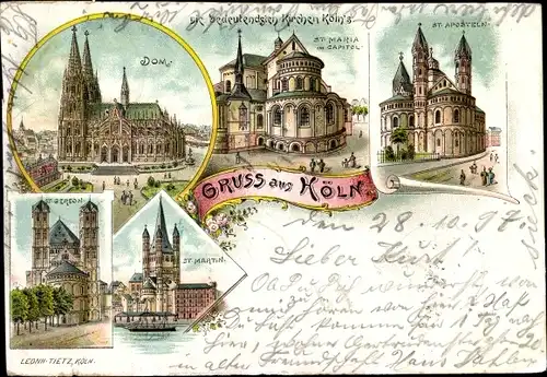 Litho Köln am Rhein, Dom, St. Maria im Capitol, St. Martin, St. Gereon, St. Aposteln