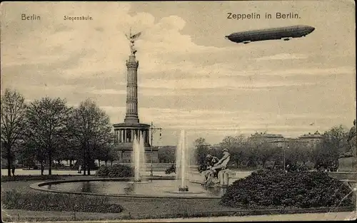 Ak Berlin Tiergarten, Siegessäule, Zeppelin, Springbrunnen 
