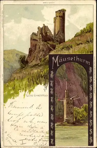 Künstler Litho Biese, C., Bingerbrück Bingen am Rhein, Ruine Ehrenfels, Mäuseturm 