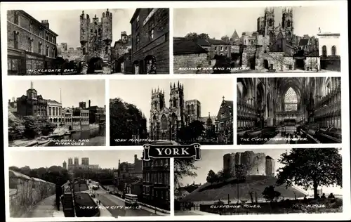 Ak York Yorkshire England, Mickelgate Bar, Bootham Bar and Minster, Cliffords Tower, Guildhall