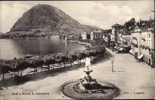 Ak Lugano Kt. Tessin Schweiz, Quai e Monte San Salvatore, fontaine