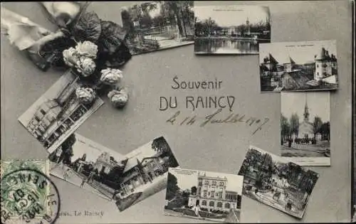 Ak Le Raincy Seine Saint Denis, maisons, vue générale, eglise, lac, roses