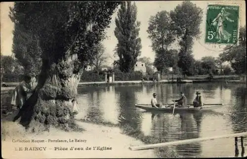 Ak Le Raincy Seine Saint Denis, Pièce d'eau de l'eglise, hommes dans le bateau