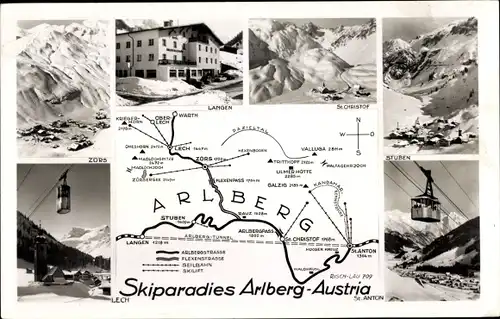 Landkarten Ak Arlberg Vorarlberg, Lech, Zors, Stuben, Langen, St. Anton