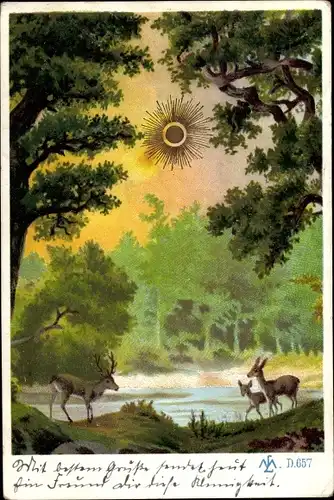 Sonnenschein Litho Hirsche auf Lichtung, Waldmotiv