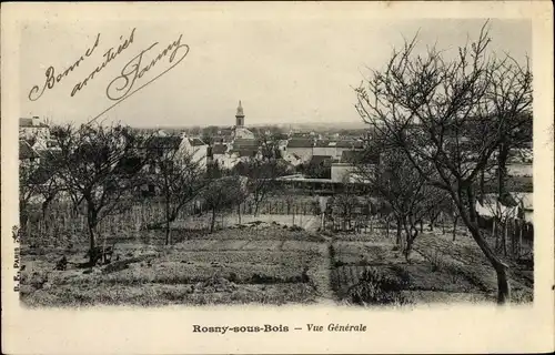 Ak Rosny sous Bois Seine Saint Denis, Vue générale de la ville, champ, arbres, église