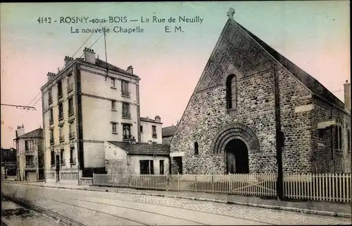 Ak Rosny sous Bois Seine Saint Denis, La nouvelle Chapelle, rue, barres