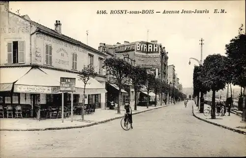 Ak Rosny sous Bois Seine Saint Denis, Avenue Jean Jaurès, cycliste, Café du Chemin de Fer