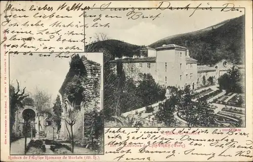 Ak Burlats Tarn, Ruines de l'eglise Romane de Burlats, Cahteau de Burlats