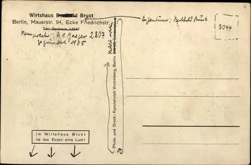 Ak Berlin, Wirtshaus Brust, Restaurant, Mauerstraße 94
