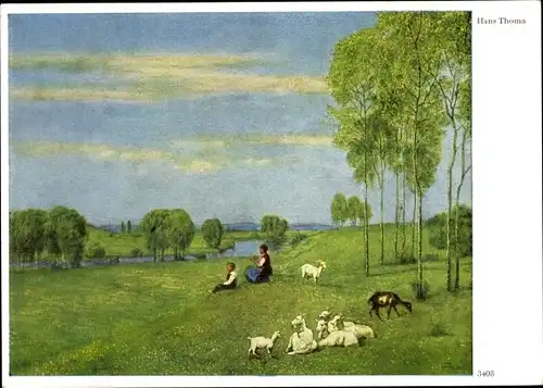 Künstler Ak Thoma, Hans, Hirten mit Ziegen auf der Wiese, Frühlingslandschaft, Ackermann 3408