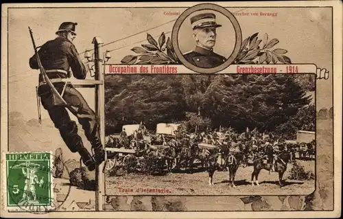 Passepartout Ak Schweiz, Occupation des Frontières, Train d'Infanterie, Grenzbesetzung 1914