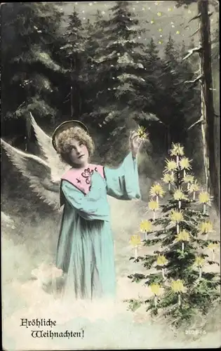 Ak Frohe Weihnachten, Engel, Tannenbaum, Nachtszene